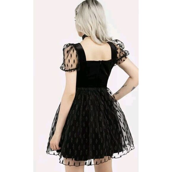 Disturbia Embroidered Tulle Puff Mini Dress Sz 6 Black Velvet Lace Romantic Goth - Picture 3 of 11